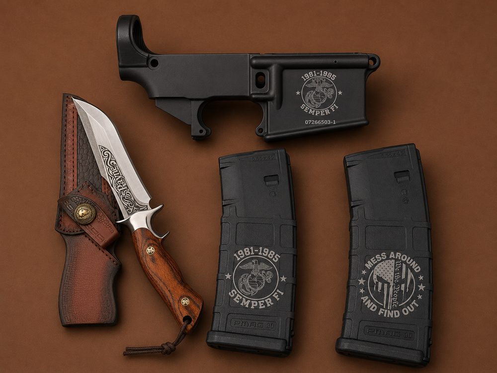 Engraved knife, AR lower, and magazines