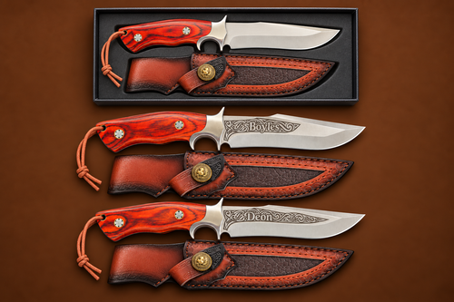 Three engraved hunting knives with pakkawood handles and tooled leather sheaths, two blades engraved with customer names, one shown in its gift box
