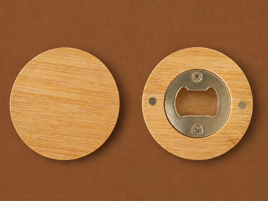 Round bamboo magnetic bottle opener, engraving face and opener side