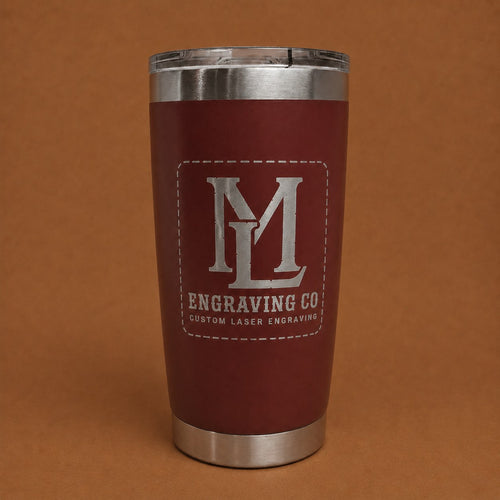 Maroon 20 oz powder-coated tumbler laser engraved with the ML Engraving Co logo