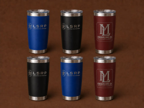 Six 20 oz powder-coated tumblers in blue, black and maroon, laser engraved with customer logos