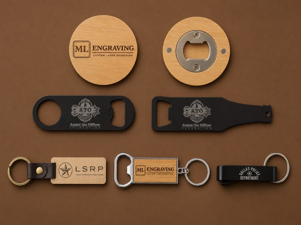 Engraved wood coasters, bottle openers, and keychains