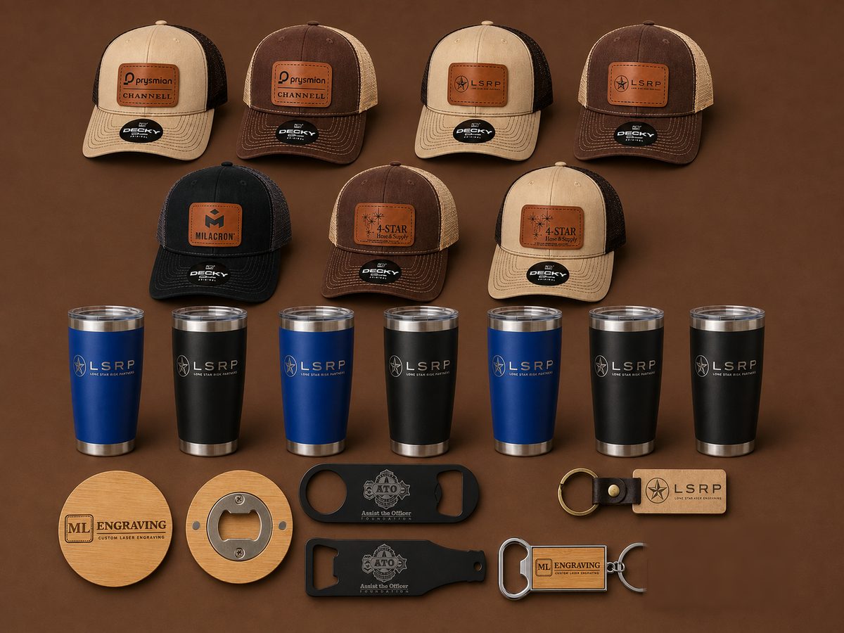 Leather patch trucker hats, engraved tumblers, coasters, bottle openers and keychains engraved with customer logos